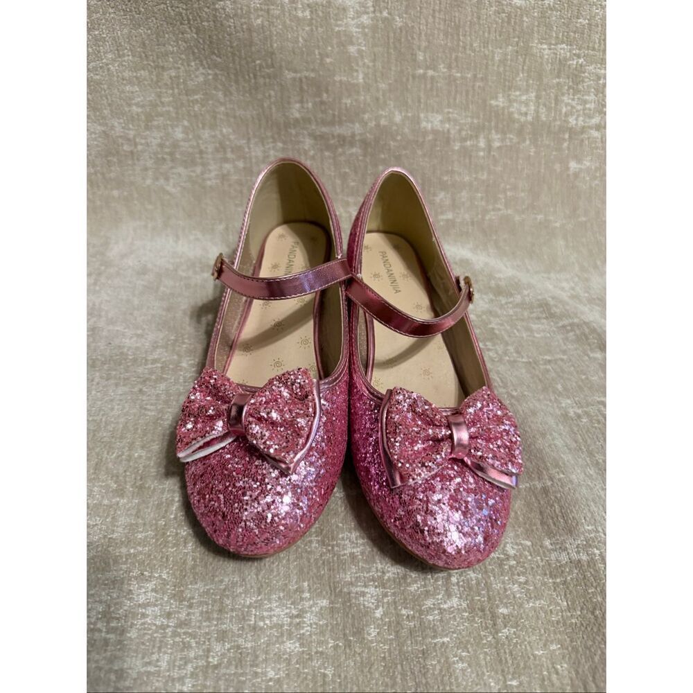 Pandaninja Girls Ruby Glittery Bow Block Heels Mary Jane Dress Shoes Pink Size 5